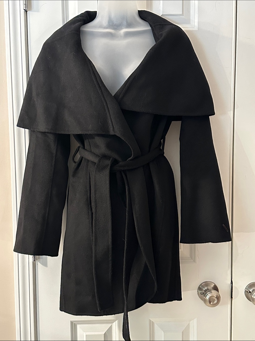 Tahari Black Wrap Coat with Oversized Collar